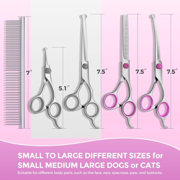 Maxshop Dog Grooming Scissors with Safety Round Tips, Heavy Duty Titanium Pet Grooming Trimmer Kit, Professional Thinning Shears, Curved Scissors with Comb for Dogs and Cats (Pink Set of 3) - Image 2