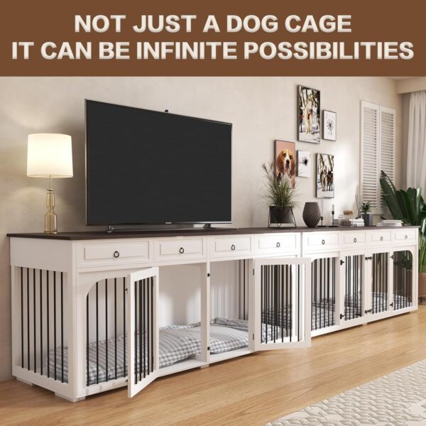 86.6" Extra Large Dog Crate Furniture for Large Breeds,XXXL Wooden Double Dog Crates Kennel Cage Furniture Style TV Stand Side End Table for 2 Dogs with Divider Locks and 4 Drawers,White - Image 7