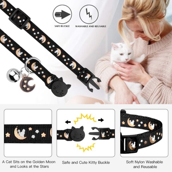 2Pcs Breakaway Cats Collars Cat Collars for Boy Cats Moons Adjustable Kitten Collars with Bell & Pendant Glow in The Dark,Black+Blue - Image 2