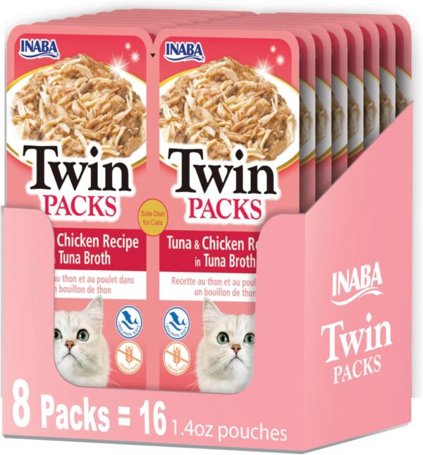 INABA Twin Packs for Cats, Shredded Chicken & Broth Gelée Side Dish/Topper Pouch, 1.4 Ounces per Serving, 16 Servings, Tuna & Chicken Recipe in Tuna Broth