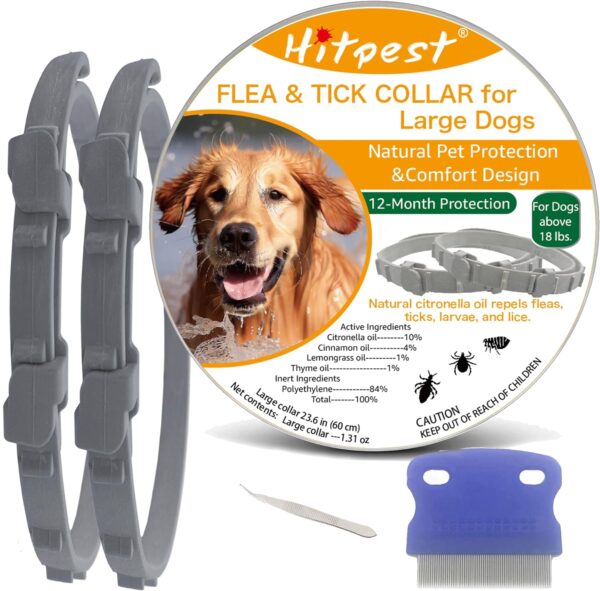 Flea and Tick Collar for Large Dog, 12-Month Full-Body Protection, Natural Ingredients, Free Flea Comb and Tweezers Included, 2 packs