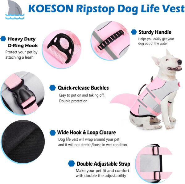 KOESON Dog Life Jacket Shark, Dog Life Vest with Rescue Handle, Ripstop Pet Float Coat for Swimming, Safety Dog Lifesaver Pet Life Preserver Swimsuit for Small,Medium,Large Dogs Light Pink 2XL - Image 3