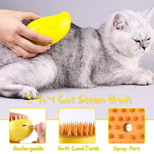 Steamy Cat Brush - 3 In1 Cat Steamy Brush, Self Cleaning Steam Cat Brush, Cat Steamer Brush for Massage, Cat Hair Brush for Removing Tangled and Loosse Hair-Yellow… - Image 2