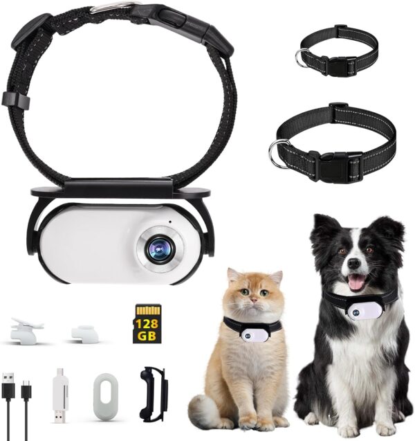 Upgrade Cat Camera Collar with 128GB SD Card, HD 1080P Pet Collar Camera Cat Video Camera Mini Collar Camera for Dogs Cats Present Indoor/Outdoor