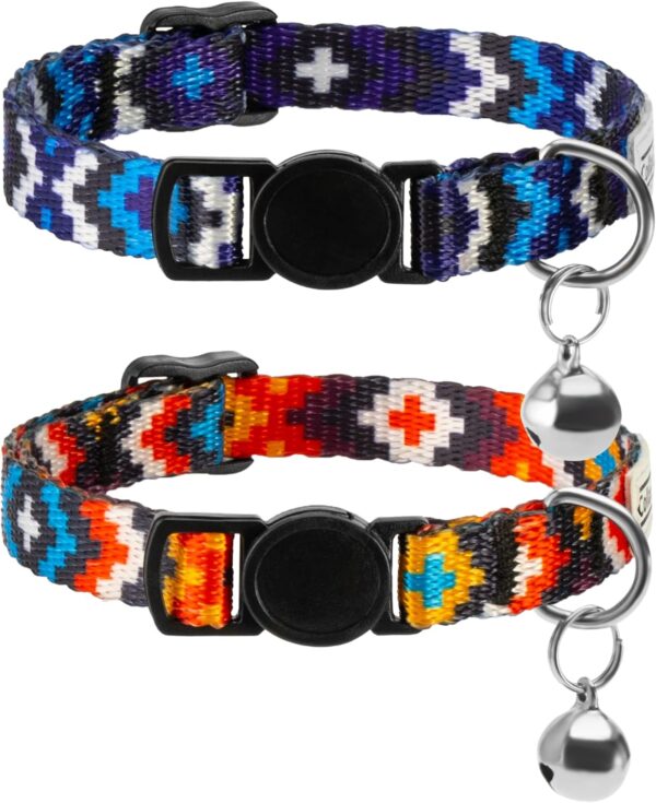 CollarDirect Aztec Cat Collar Breakaway Pack of 2 PCS Nylon Tribal Pattern Geometric Pet Kitten Collars for Cats (Blue + Orange)