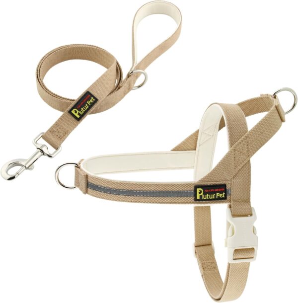 Plutus Pet Cotton Dog Harness and Leash Set, Reflective and Soft Padded, Quick Fit Vest Harness, for Small, Medium and Large Dogs, Beige, M