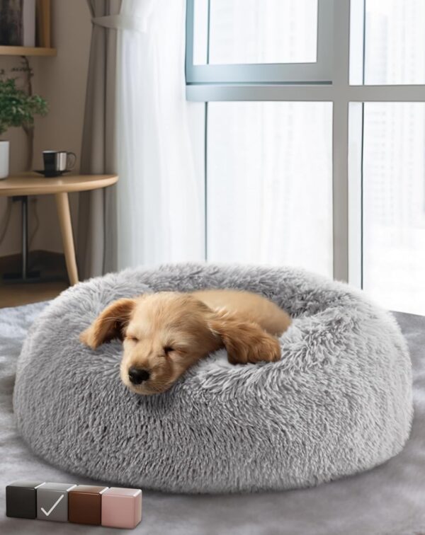 Calming Donut Dog and Cat Bed, 23 inch Waterproof, Zipper Cover, Plush Polyester, Soothing Support for Muscle Pain, Machine Washable, Cuddling Design for Sound Sleep, Medium Pet Bed(Gray)