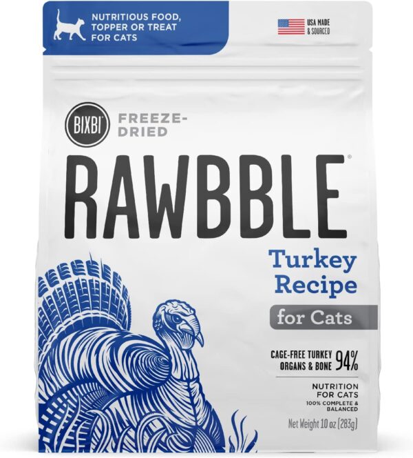 BIXBI Rawbble Freeze Dried Cat Food, Turkey Recipe, 3.5 oz - 94% Meat and Organs, No Fillers - Pantry-Friendly Raw Cat Food for Meal, Treat or Food Topper - USA Made in Small Batches