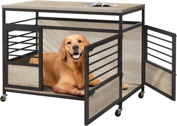 DWVO Dog Crate Furniture, 39.4 Inch Dog Kennel Indoor Furniture End Table Dog Crate for Dogs, Modern Decorative Dog Crate Wooden Dog Crate Furniture with Wheels, Chew-Resistant, Grey - Image 7