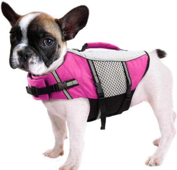 Queenmore Dog Life Jacket Swimming Vest Small Medium Dogs Neoprene Water Boating Life Preserver Lightweight Reflective Cat Puppy Kayaking Lifesaver for French Bulldog,Yorkie Terrier,Bichon(Pink,S)