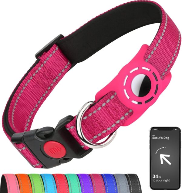 Airtag Dog Collar for Medium Dogs, Reflective Dog Collars with AirTag Holder, Soft Padded & Safety Locking Buckle, Nylon Pet Collar Adjustable for All Breeds, HotPink