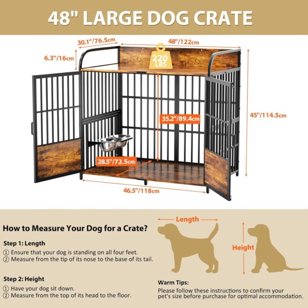 Large Dog Crate Furniture, XXL Dog Crate Indoor with Adjustable Height & 360° Rotating Feeder, 48 Inch Dog Crates for Large Medium Dogs, 48" L X 30" W X 45" H - Image 2