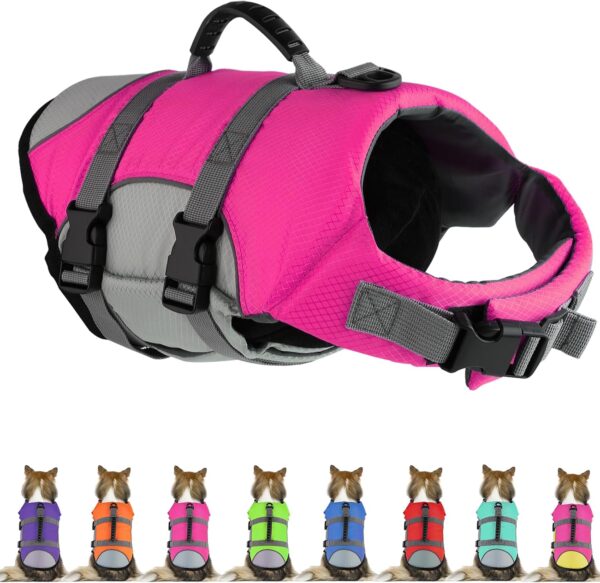 Dog Life Jacket, Reflective & Adjustable Dog Life Vest with Rescue Handle for Swimming and Boating, Ripstop Pet Safety Life Preserver for Small, Medium and Large Dogs Pink