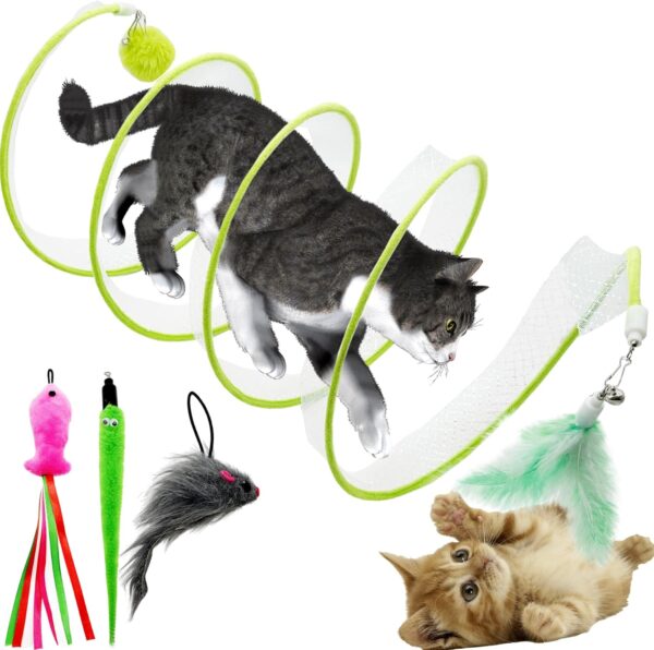 Self Play Cat Hunting Spiral Tunnel Toy, Folded Cat Tunnel Toy Spiral Cat Toy, Cat Spring Toy Spiral Cat Toys for Indoor Cats Play Exercise (Green)