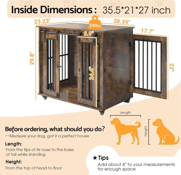 38.5" Wood Dog Crate Furniture with Wheels & Sliding Barn Door, Heavy Duty Dog Kennel Indoor, Large Dog Cage Furniture End Table for Small/Medium/Large Dogs (Brown) - Image 7