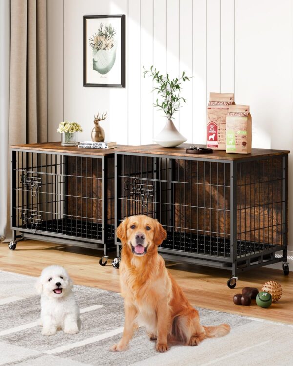 Dog Crate Furniture, 2024 New Furniture Style Dog Crate with Removable Tray and Wheels, Heavy-Duty Double-Doors Dog Cage End Table, 32.5" Wooden Dog Kennel, Indoor Dog House for Large Dogs, Brown