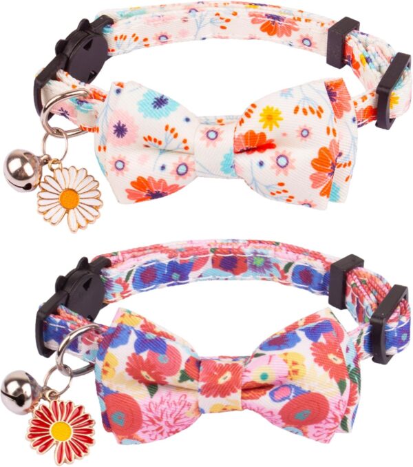 ADOGGYGO Floral Cat Collar Breakaway with Bow Tie Bell - 2 Pack Cute Flower Cat Collars with Removable Bowtie Floral Bowtie Collars for Cat Kitten (Floral, 7.5"- 10.5")