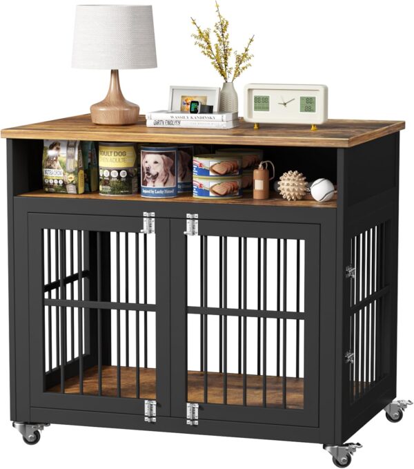 Dog Crate Furniture,39" Dog Kennel Indoor with Wheels, Heavy Duty Wooden Dog Crate for Medium/Large Dogs,Dog Cage with Storage Dog House Side End Table, Brown - Image 9