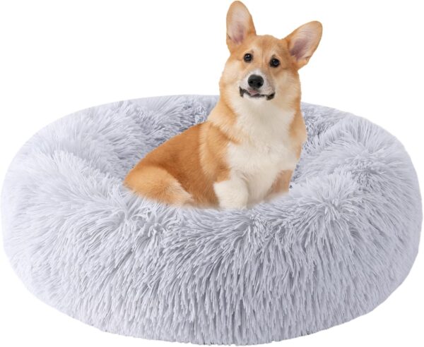 Calming Dog Bed, Pet Beds for Small Dogs, Cat Beds for Indoor Cats, Fluffy Faux Fur Plush Small Dog Bed, Washable Puppy Bed with Anti-Slip Bottom, Dog Bed Medium Size Dog Light Gray, 17 Inch