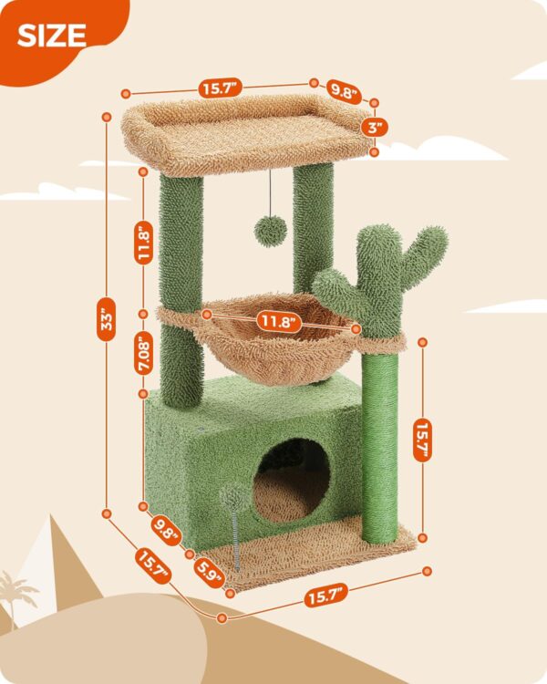 PEQULTI 4-in-1 Cactus Cat Tree, 33'' Cat Tower for Indoor Cats with Large Cat Condo, Cat Scratching Post for Cats with Deep Hammock& Cozy Top Perch,Green - Image 6