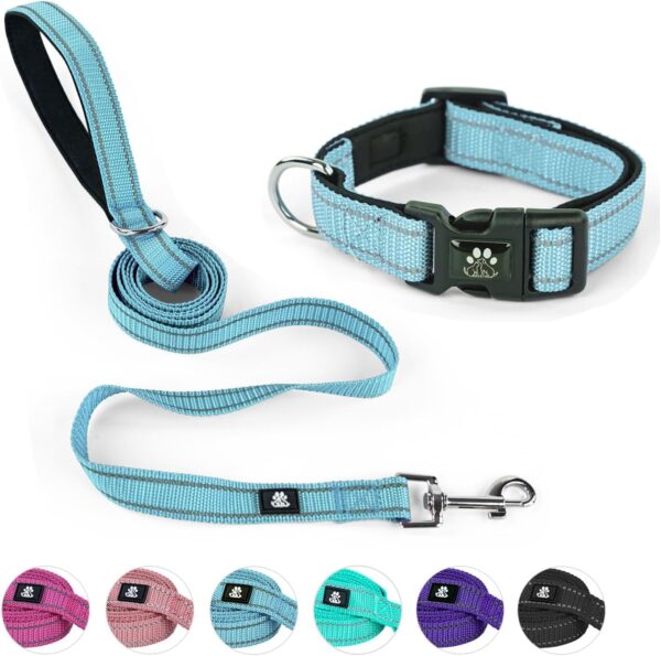 NESTROAD Reflective Dog Collar and Leash Set,Soft Neoprene Pet Collar with Quick Release Buckle,Adjustable Nylon Dog Collars for Small Medium Large Dogs(Medium Collar + 5FT Leash,Blue)