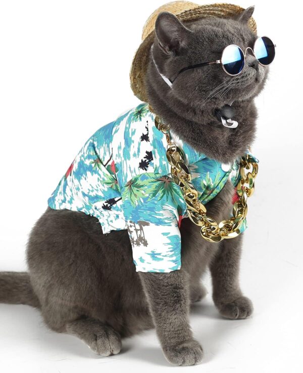 Hawaiian Dog T Shirts Pet Summer Clothes Cat Sunglasses Funny Straw Hat Kitten Costumes with Gold Chain Collar (Medium,Cyan-Blue) - Image 2