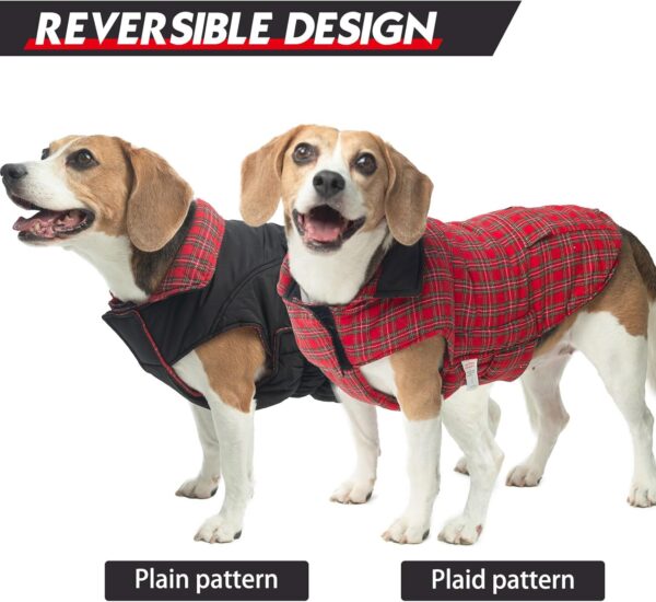 Reversible Dog Winter Coat, Waterproof Dog Jacket Cold Weather Coats British Style Plaid Soft Snow Vest for Small Medium Large Dogs, Black/Red, S - Image 3