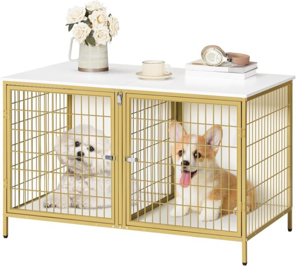 Dog Crate Furniture for 2 Dogs, 43.3" Dog Kennel with Removable Divider, Heavy Duty Wooden Dog Kennel for Small Medium Dog, Indoor Dog Cage End Table with Double Doors, White DCJW1201 - Image 9