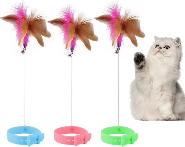 PCTC 3PCS Cat Collar Teasing Wand, Cat Feather Collar Toys with Bell and Feather, Adjustable Silicone Collar with Indoor Kittens Small Animals to Play Exercise(Pink/Blue/Green)