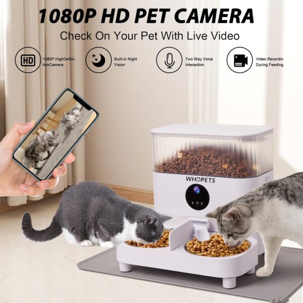 Automatic Cat Feeders, WHDPETS 5G WiFi Cat Food Dispenser with 1080P Camera for 2 Cats & Dogs, 5L Pet Feeder with Feeding Mat, APP Control, 2-Way Audio,Dual Power Supply - Image 3