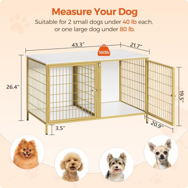 Dog Crate Furniture for 2 Dogs, 43.3" Dog Kennel with Removable Divider, Heavy Duty Wooden Dog Kennel for Small Medium Dog, Indoor Dog Cage End Table with Double Doors, White DCJW1201 - Image 4