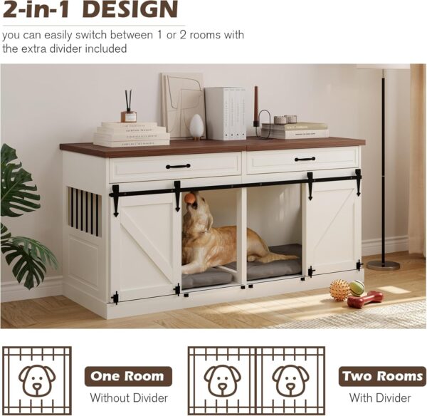 Furniture Style Dog Crate - Wooden Indoor Dog Crate Furniture with Sliding Barn Doors, 2 Drawers and Room Divider, 63" L x 23.6" W x 31.5" H, White - Image 4