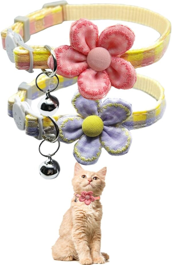 Plaid Kitten Collar with Flower，Cat Collar Breakaway with Bell，Cat Collars for Girl Cats，Adjustable 7 to 12.6 inches for Small and Medium Pets (Pink & Purple)