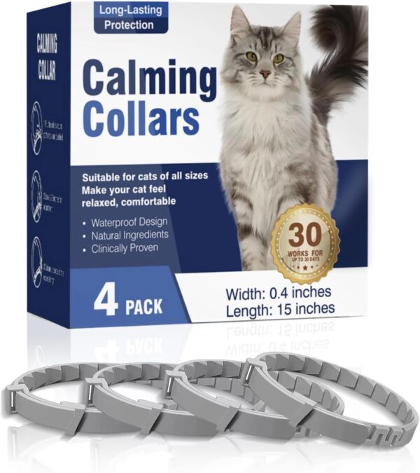 Calming Collar for Cats，Cat Pheromone Collar4-Pack, 15-Inch Length-Adjustable Cat Calming Collar Can Quickly Help Cats Overcome Anxiety, Stress Relief Time Lasts 30 Days Effective.