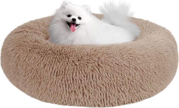 Small Dog Bed, Anti-Anxiety Calming Dog Bed, Warming Cozy Soft Donut Dog Bed, Fluffy Faux Fur Plush Dog Bed for Small Dogs and Cats, Machine Washable.(Beige, 23x23in)