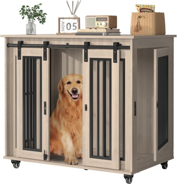 Dog Crate Furniture with Sliding Barn Door, 38.5 Inch Heavy Duty Dog Kennel Chew-Resistant, Indoor Wooden End Table Pet House for Small/Medium/Large Dogs (Grey)