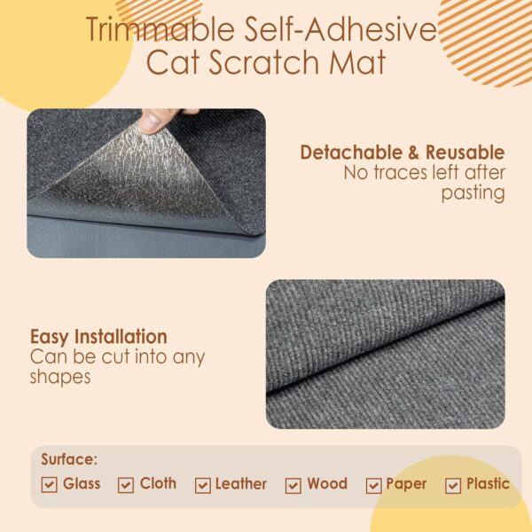 Cat Scratching Mat 11.8" x11.8”(5 Pack), Trimmable Self-Adhesive Cat Scratcher, Replacement Carpet for Cat Tree Shelf Shelves Cat Scratch Post, Scratch Couch Protector, Cat Wall Furniture DIY - Image 2