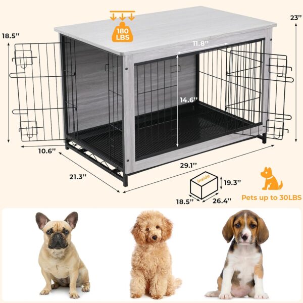 TLSUNNY Dog Crate Furniture, 29.1" Wooden Dog Kennel Indoor with 2 Doors, Heavy-Duty Dog Cage with Removable Tray, End Side Table, Modern Dog House for Large/Medium/Small Dogs, Grey - Image 2