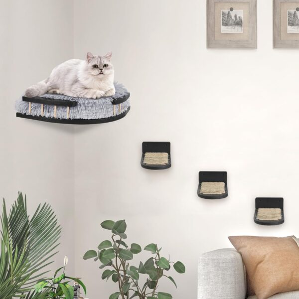 Cat Wall Furniture Set with Plush Cushion, Cat Hammock Cat Wall Shelves with 3 Cat Wall Steps, Cat Shelves and Perches for Wall Climbing Shelves for Indoor, Black Indoor Cat Shelves Wall Mount - Image 6