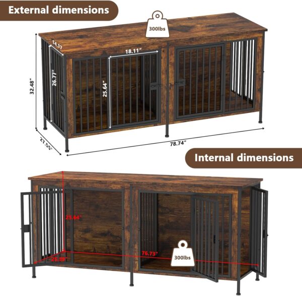 EasyCom 78 Inch Dog Cage Furniture for 2 Dogs, Extra Large Double Dog Crate Furniture Large Breed, XXL Thick Wooden Dog Crate Furniture TV Stand, Sturdy Dog Kennel Furniture Dog Crate with Divider - Image 4