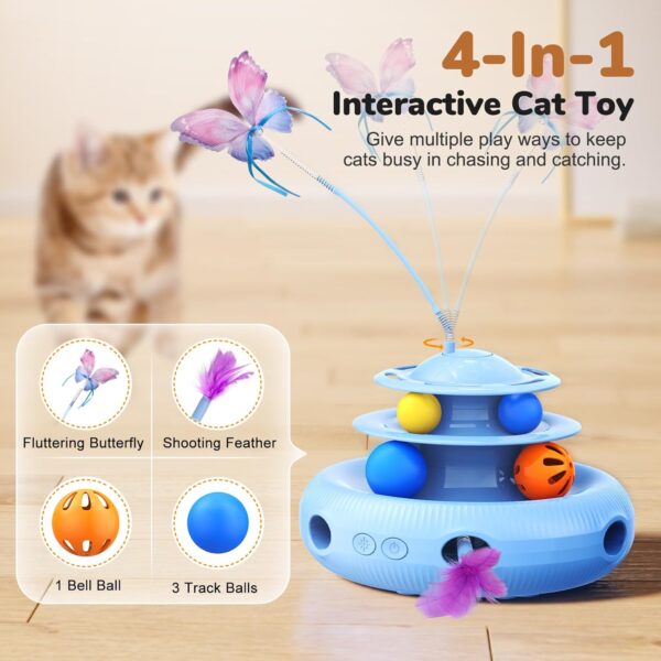 Cat Toys, 4-in-1 Rechargeable Automatic Interactive Cat Toy with Fluttering Butterfly, Random Moving Ambush Feather, Two-Tier Track Balls, 5H Smart Standby, Touch-Activated - Image 2