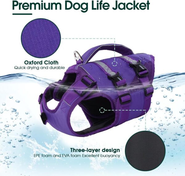 Kuoser Dog Life Jacket, High Flotation Dog Life Vest for Swimming Boating, Adjustable Ripstop Dog Lifesaver for Small Medium and Large Dogs, Reflective Safety Pet Life Preserver with Rescue Handle - Image 3