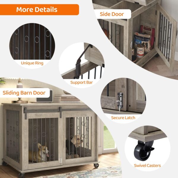 IchbinGo Dog Crate Furniture with Sliding Barn Door, 39" Wooden Dog Kennel End Table with Wheels and Flip-top Plate Dog House with Detachable Divider for Small/Medium/Large Dog (Rustic Grey) - Image 4