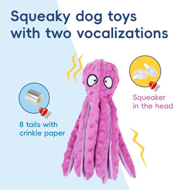 2 Pack Squeaky Dog Toys, Octopus Plush Dog Toys Stuffless Crinkle Pet Toys for Small, Medium, Large Dogs Teething, Durable Interactive Dog Chew (Blue + Purple Octopus) - Image 2