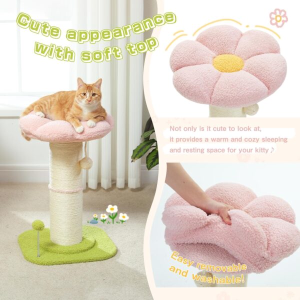 PEQULTI Flower Cat Scratching Post, Small Cat Tree, Tall Cat Scratcher for Indoor Cats with Super Thick Scratching Post [Dia=5.5''], Removable Flower Cat Bed, Cat Scratch Post with Spring Ball, Pink - Image 2