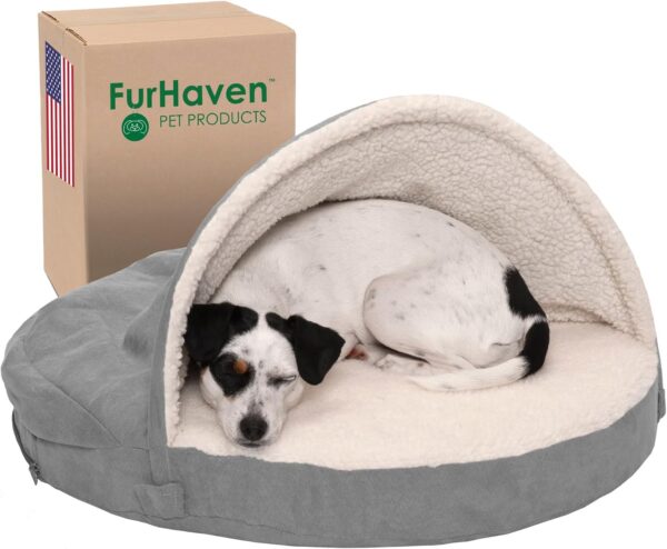 Furhaven 26" Round Orthopedic Dog Bed for Medium/Small Dogs w/ Removable Washable Cover, For Dogs Up to 30 lbs - Sherpa & Suede Snuggery - Gray, 26-inch