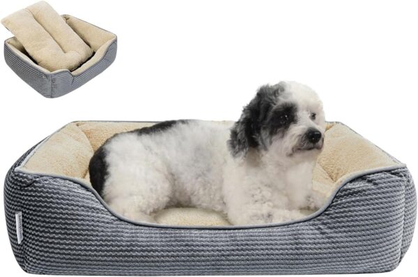 Miguel Dog Bed with Removable Cushion/Pillow for Medium Small Dogs, Washable Pet Bed with Side Easy to Wash Puppy Bed, Large Rectangle Cat Bed for Indoor Cat with Anti-Slip Bottom, Gray 25 Inch