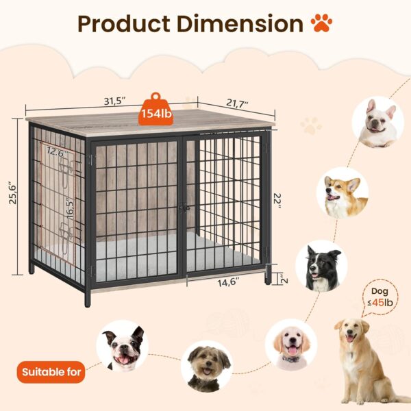 Dog Crate Furniture with Cushion, Wooden Dog Kennel with Double Doors, Heavy Duty Dog Cage for Small/Medium/Large Dogs, Indoor Dog House End Table, 31.5" L, Greige DCHG0701 - Image 4