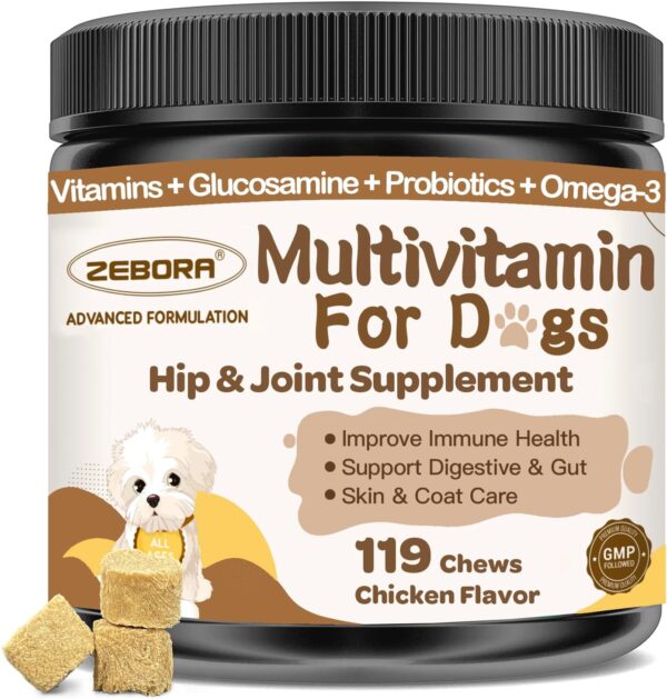 Dog Multivitamin with Minerals for Overall Health - Dog Vitamins and Supplements with Glucosamine, Probiotics for Puppy & Senior Dogs with Minerals - Omega 3 Fish Oil for Skin & Coat - 119 Chews