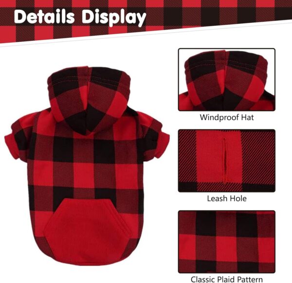 KOOLTAIL Plaid Dog Hoodie Pet Clothes Sweater with Hat and Pocket for Small Medium Large Size Dogs, Soft Winter Warm Dog Cold Weather Coat, Fleece Fall Dog Hooded Sweatshirt for Puppy Cats, Red XL - Image 4